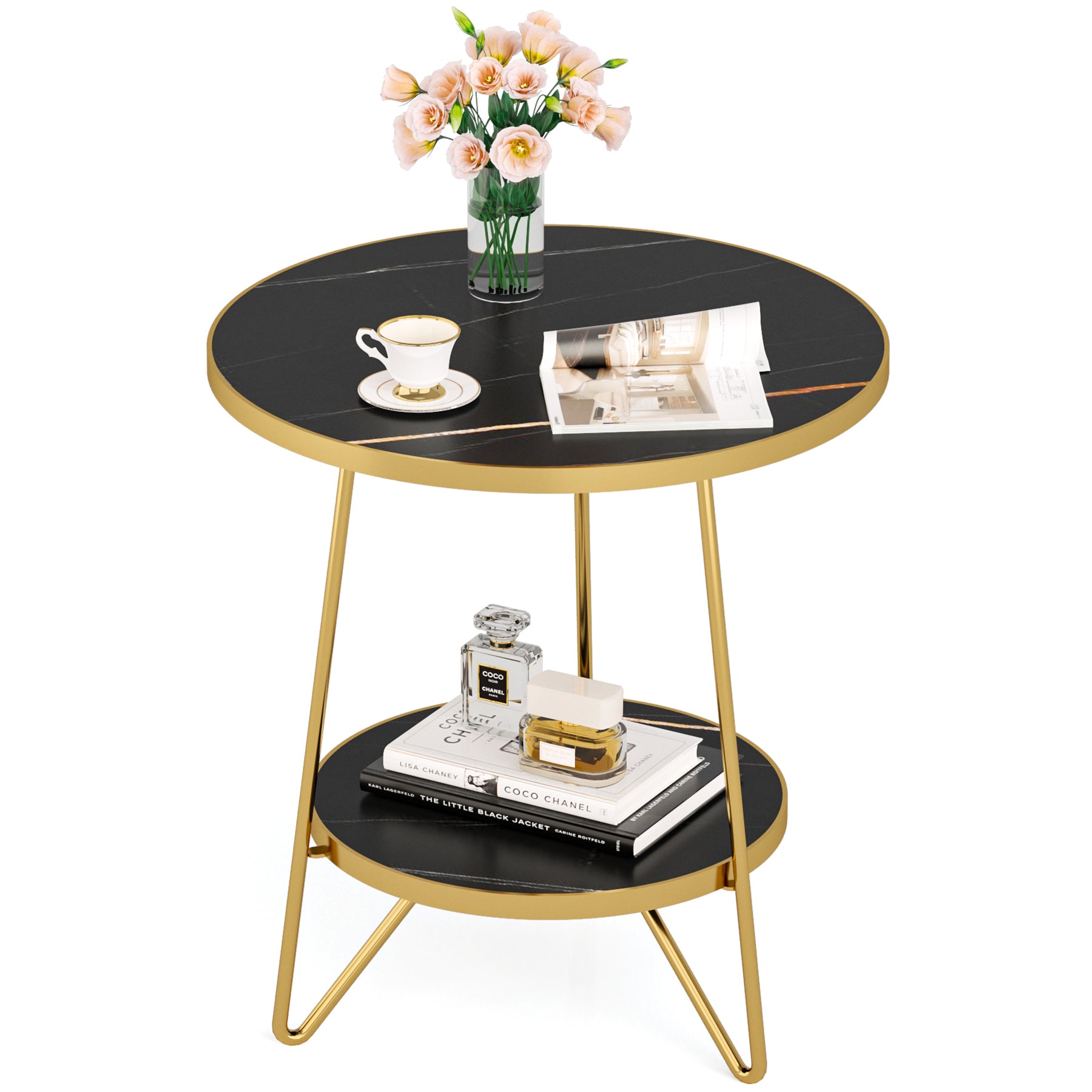Faux Marble End Table, 2-Tier Round Sofa Table